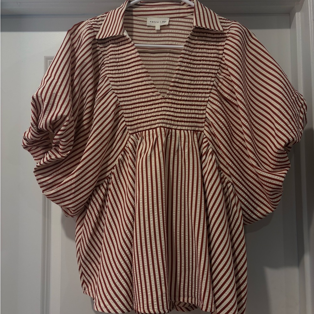 Entro Red and White Striped V-Neck Blouse